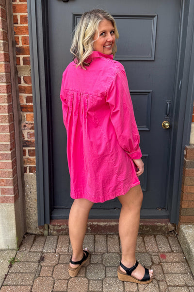 Hot Pink Long Sleeve Button Tunic Dress back
