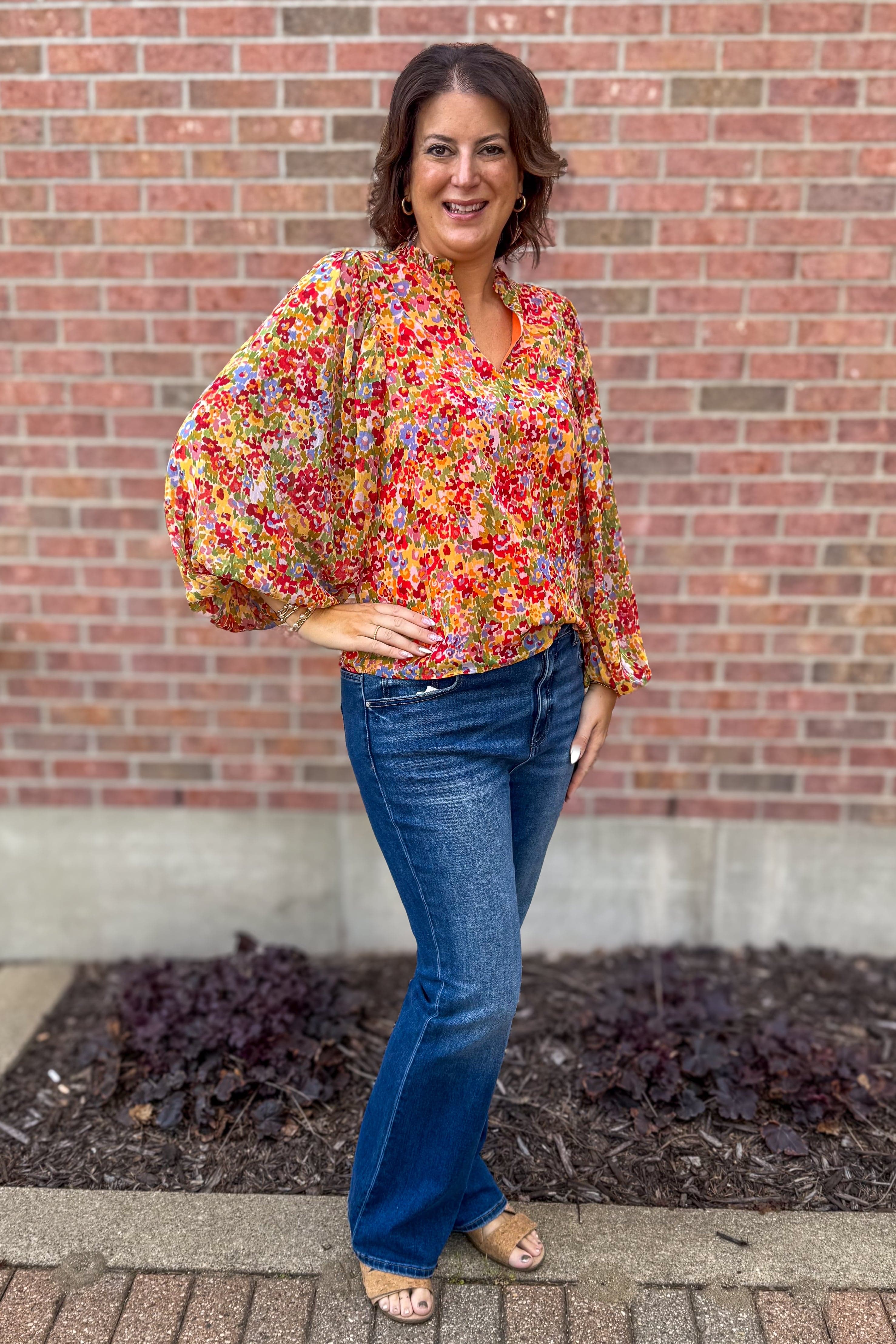 Orange Floral V-Neck Blouse styled