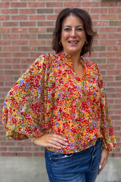 Orange Floral V-Neck Blouse