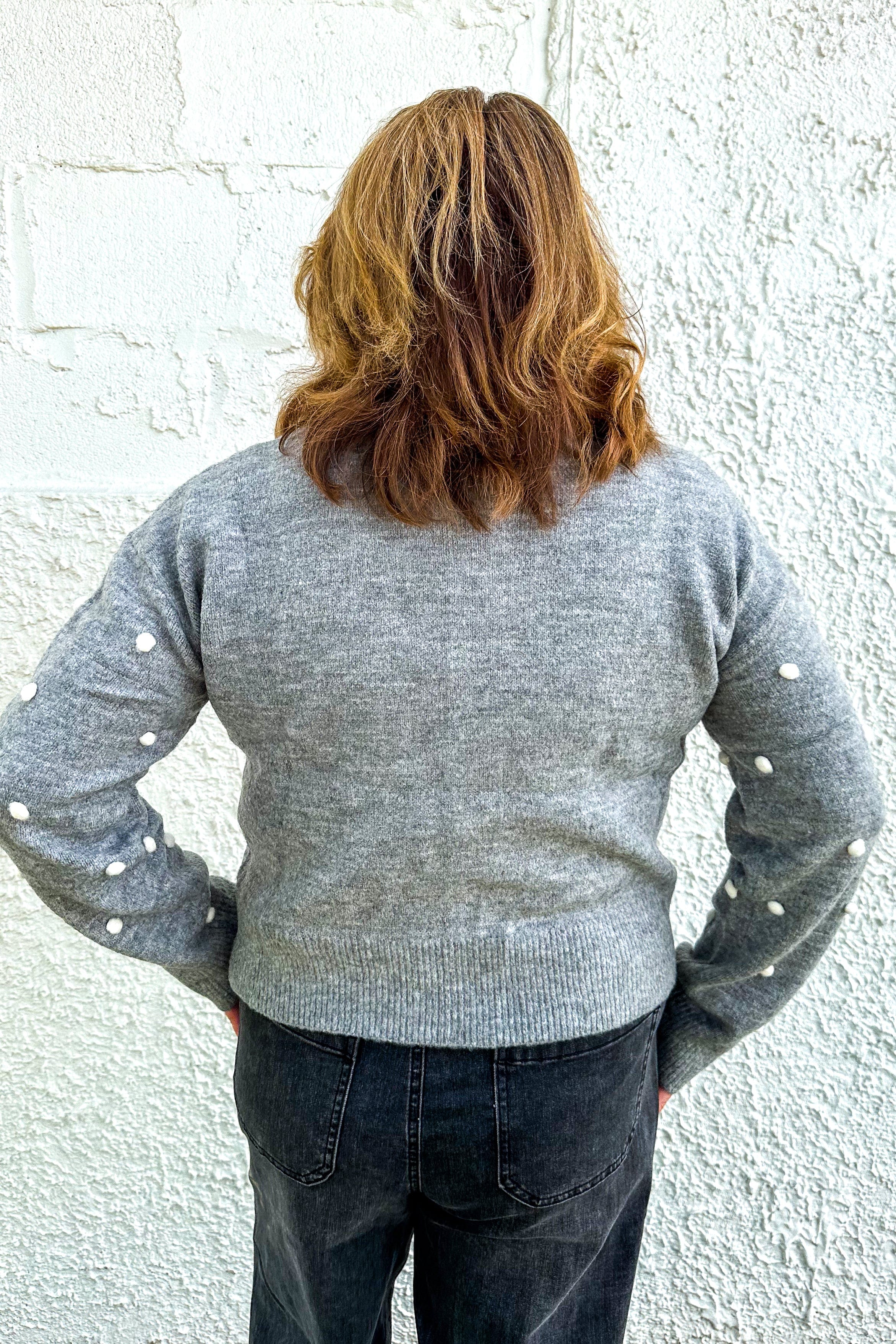 Grey with Pom Poms Cardigan back