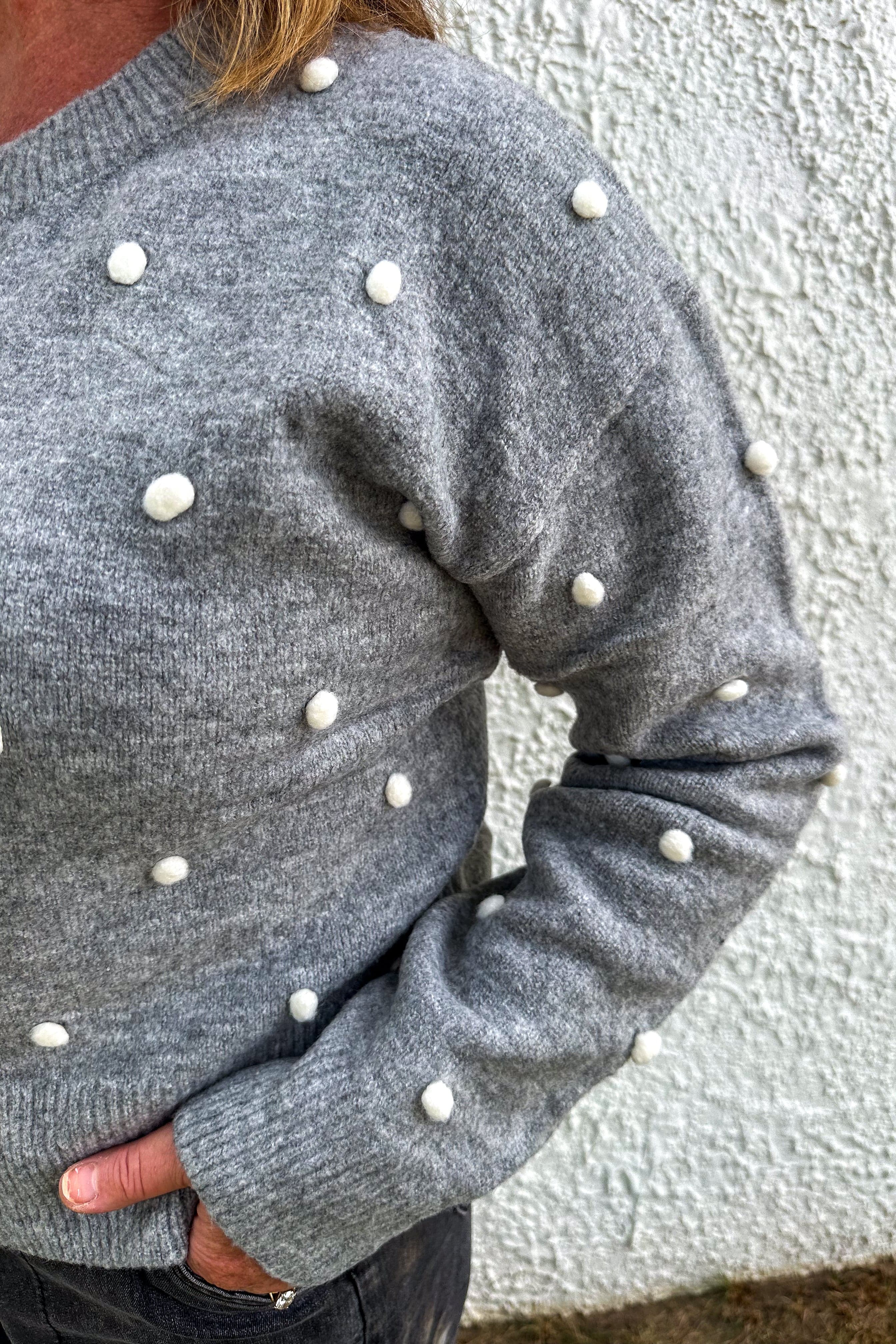 Grey with Pom Poms Cardigan detail