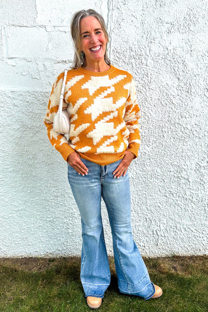 Orange & Almond Houndstooth Sweater styled
