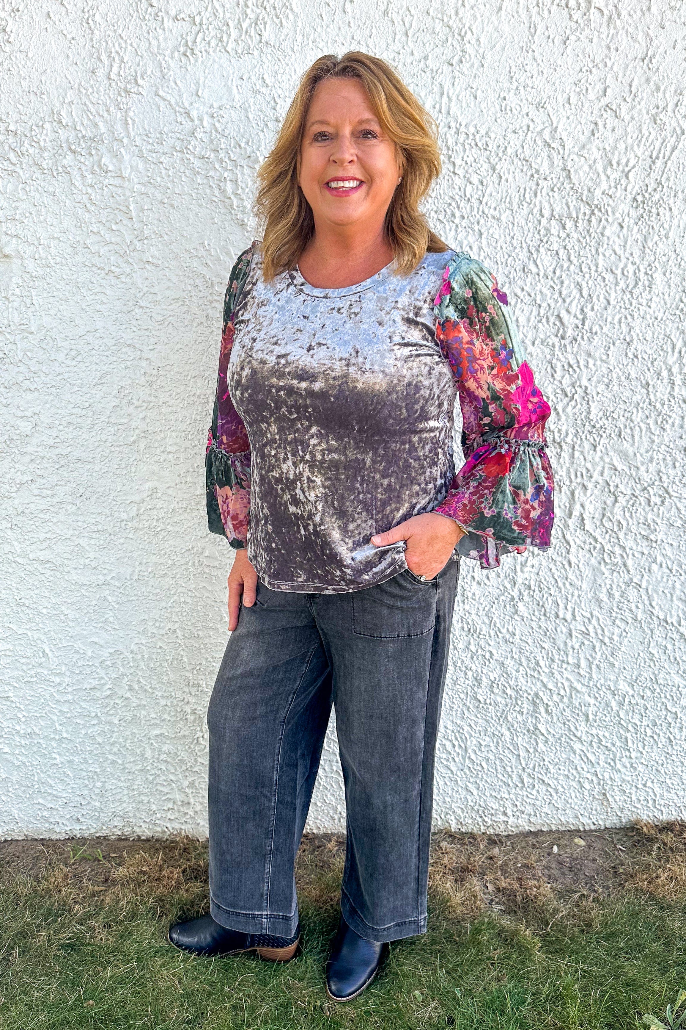 Grey Velvet Ruffle Sleeve Top styled