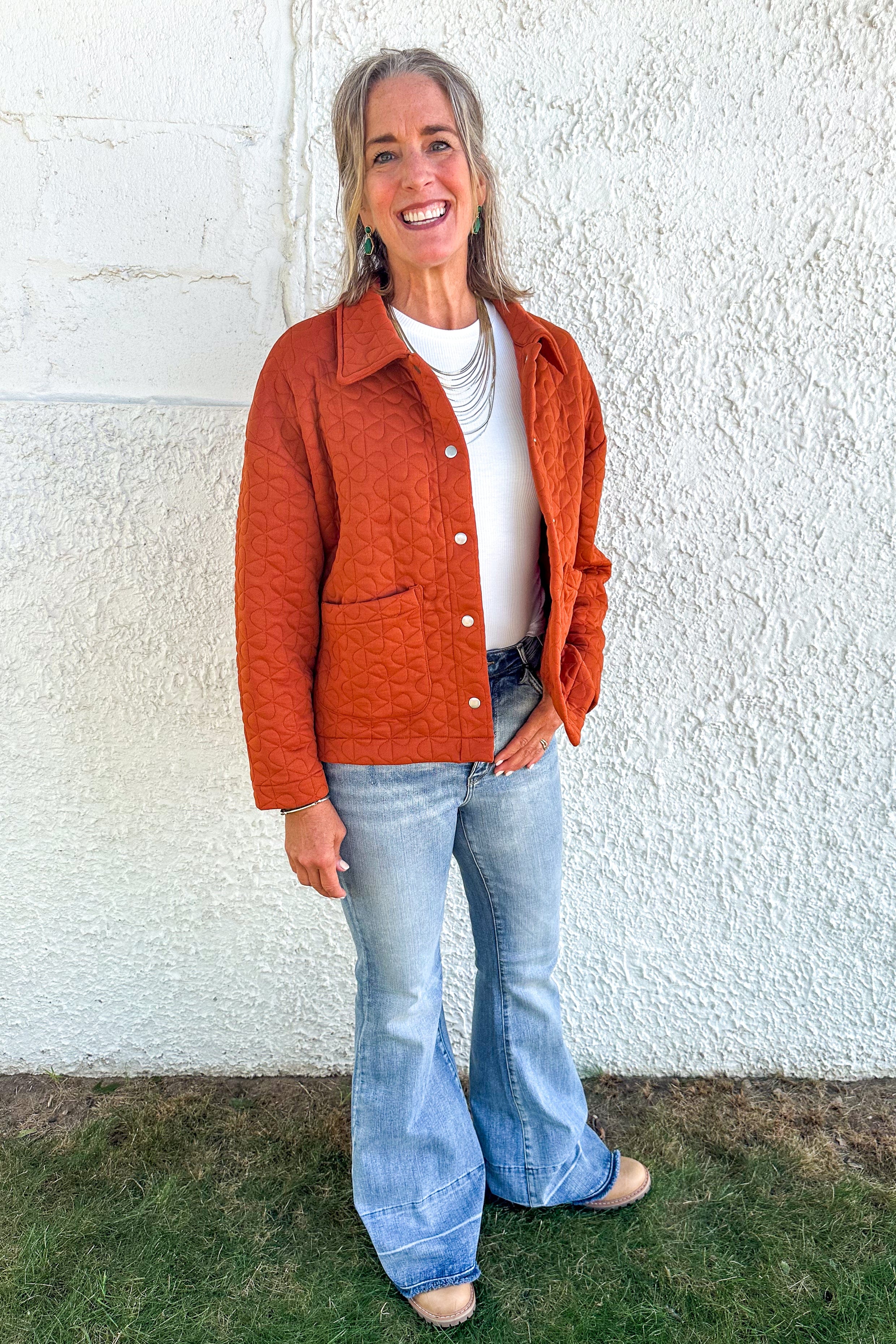 Rust Textured Metal Button Up Jacket styled
