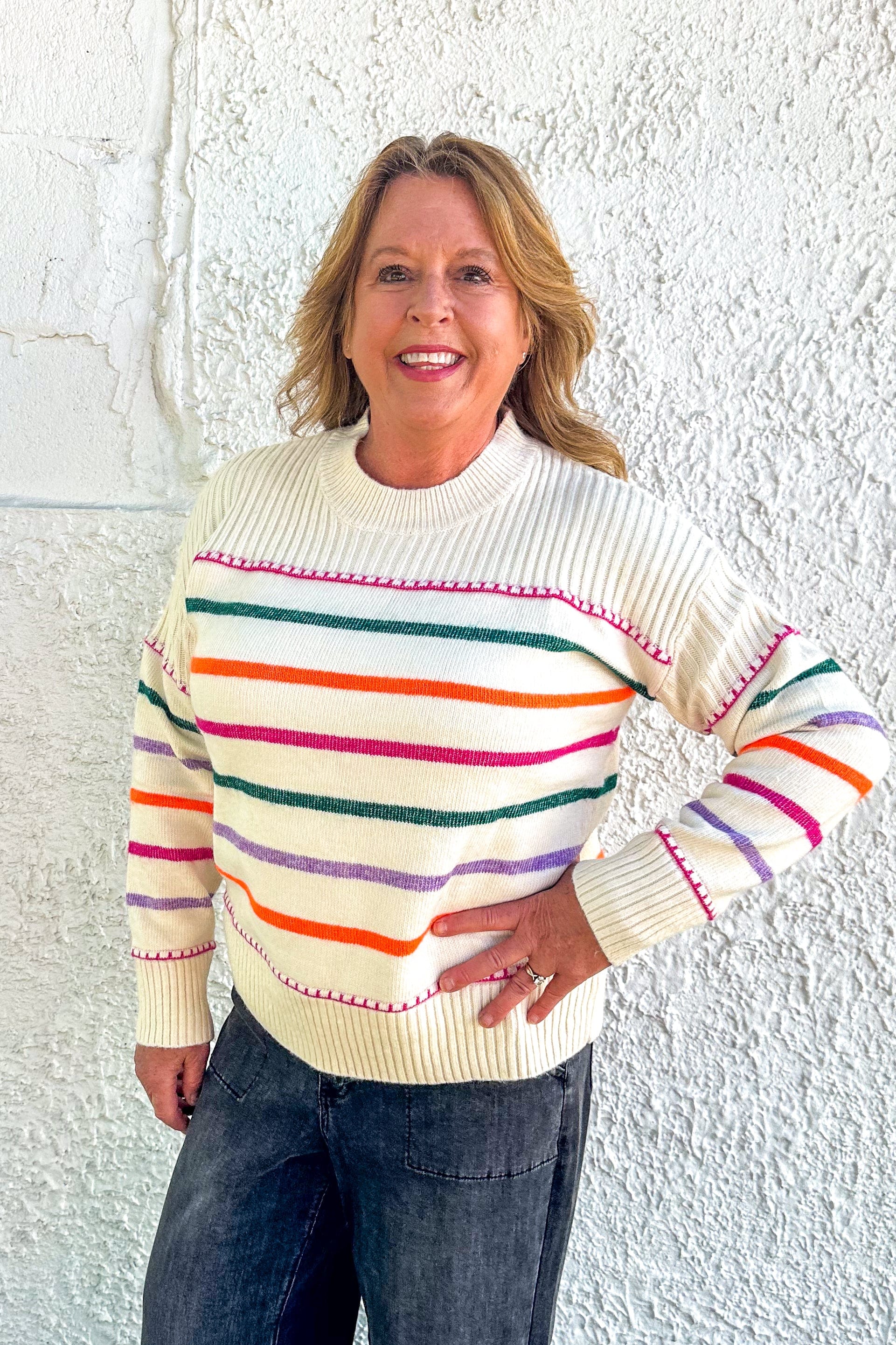 Cream Striped Funnel Neck Sweater