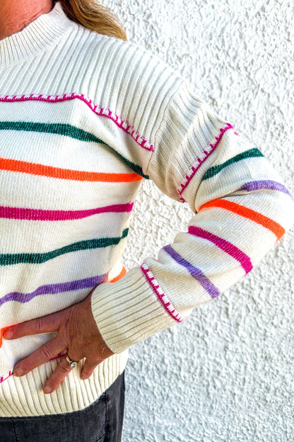 Cream Striped Funnel Neck Sweater detail