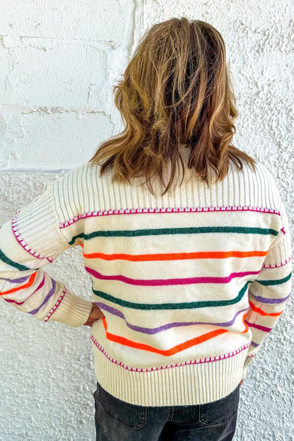 Cream Striped Funnel Neck Sweater back