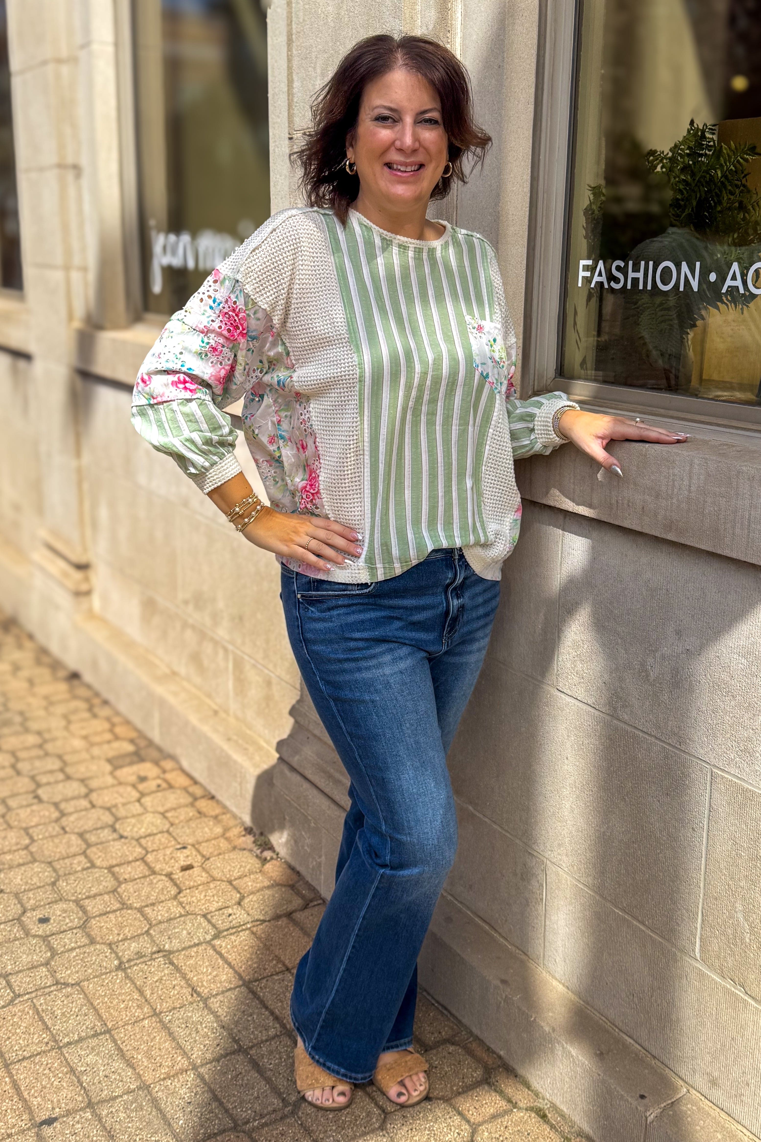 Sage Combo Print Pocket Top