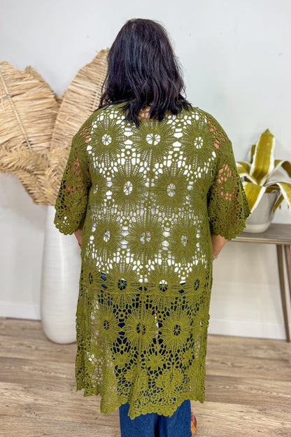 Olive Crochet Kimono back