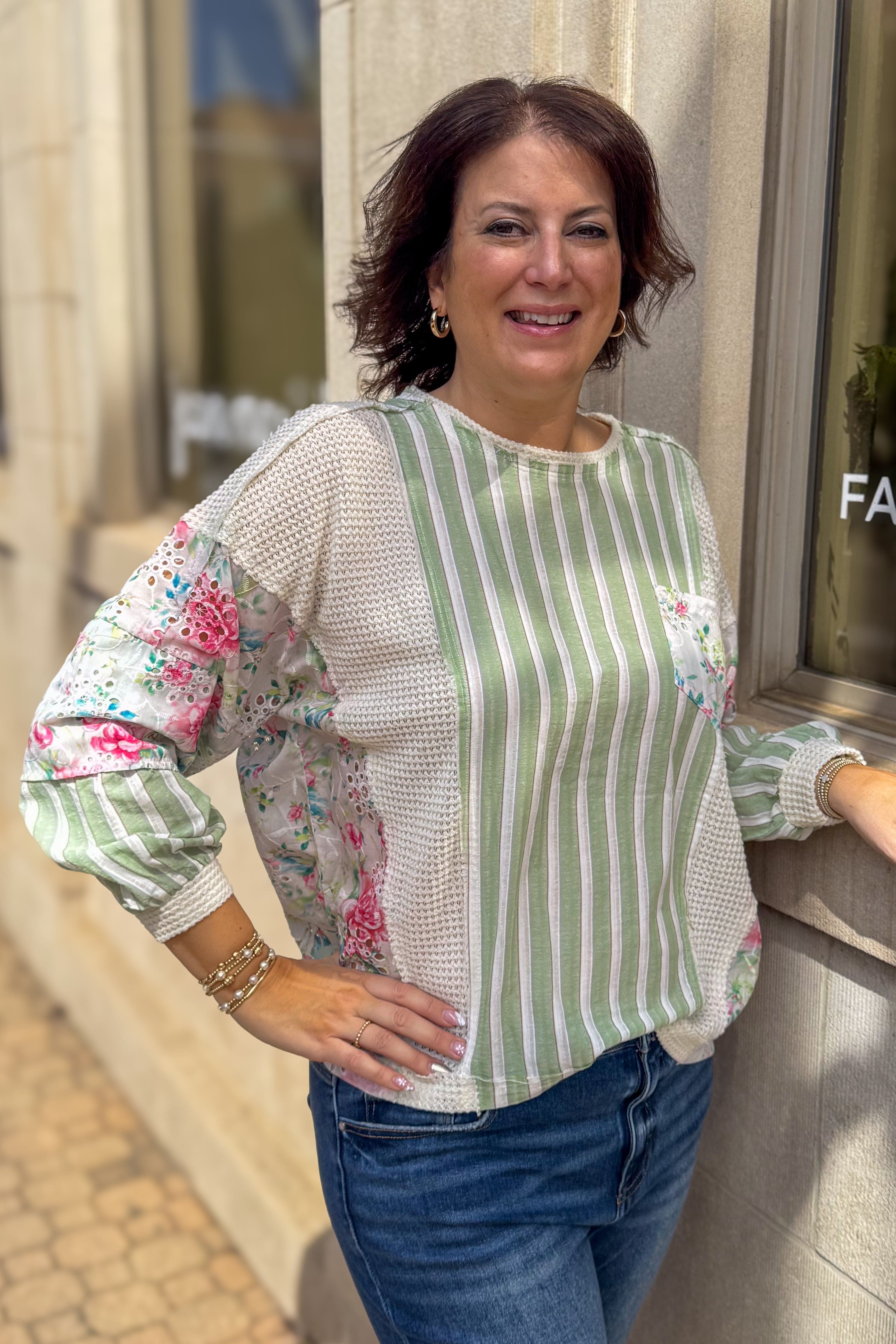 Sage Combo Print Pocket Top detailed