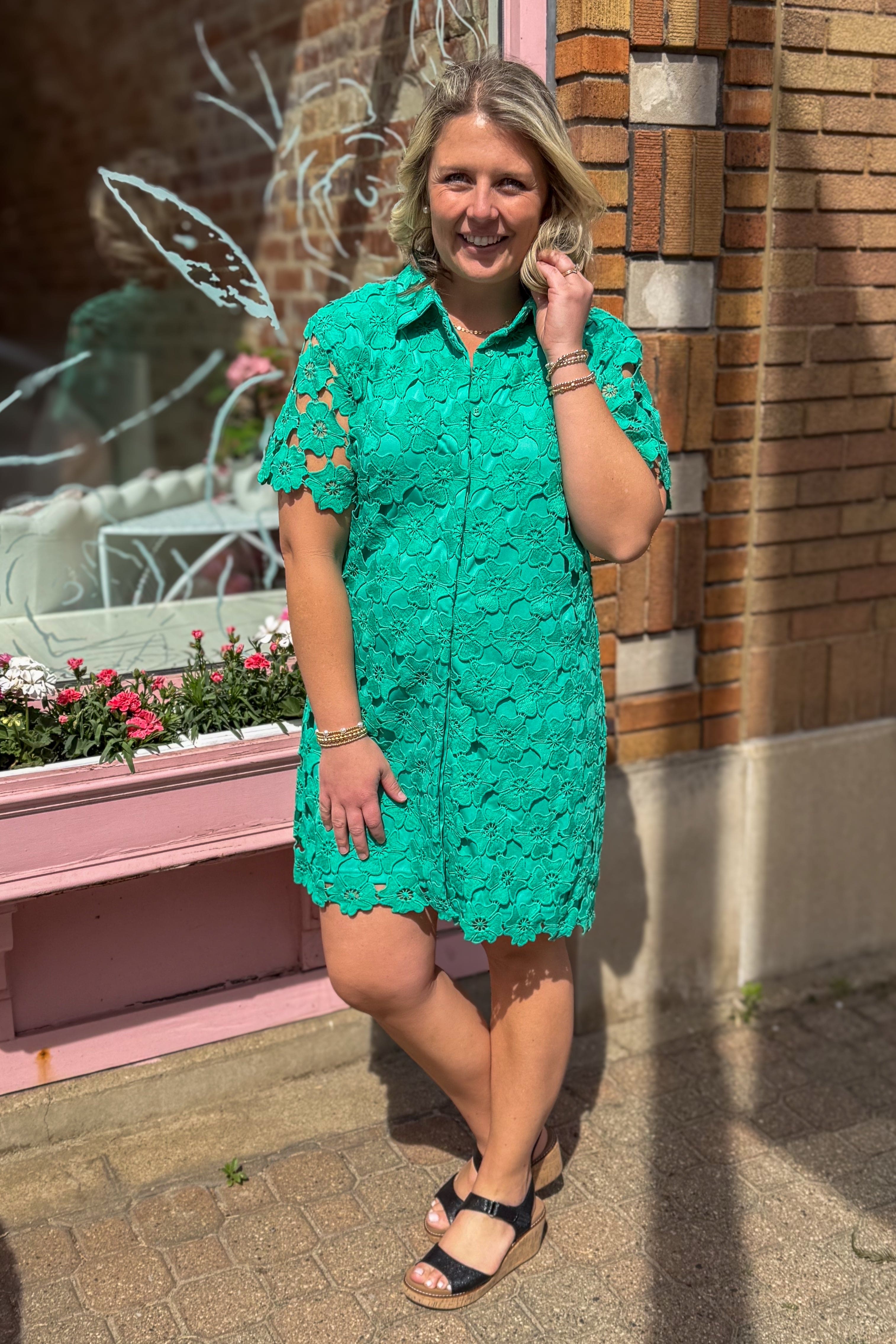 Emerald Green Floral Lace A-Line Dress