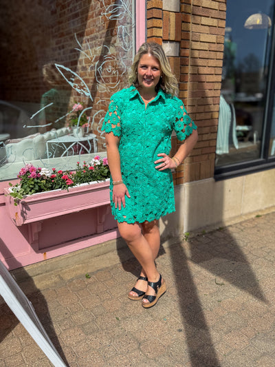 Emerald Green Floral Lace A-Line Dress styled