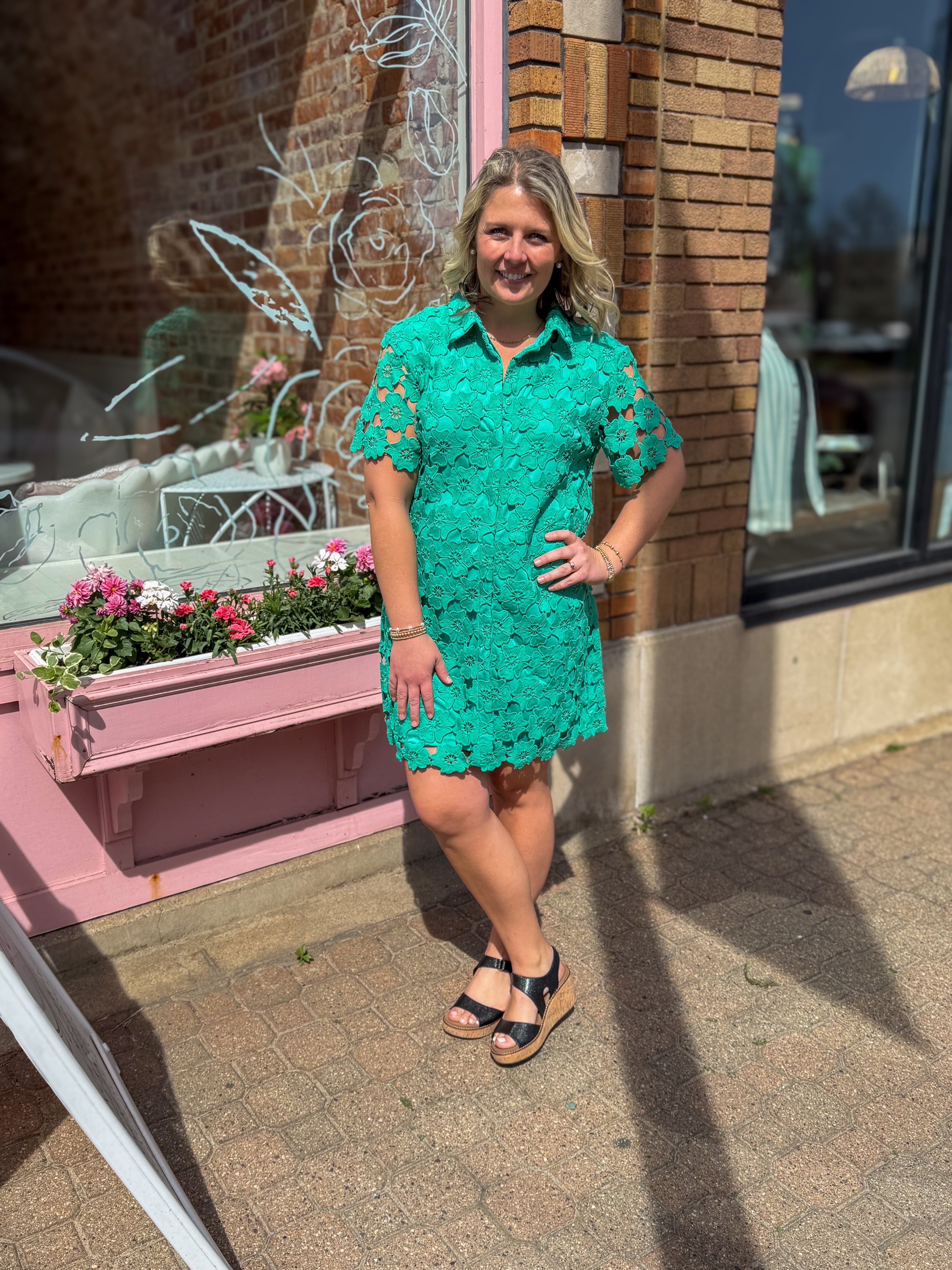 Emerald Green Floral Lace A-Line Dress styled