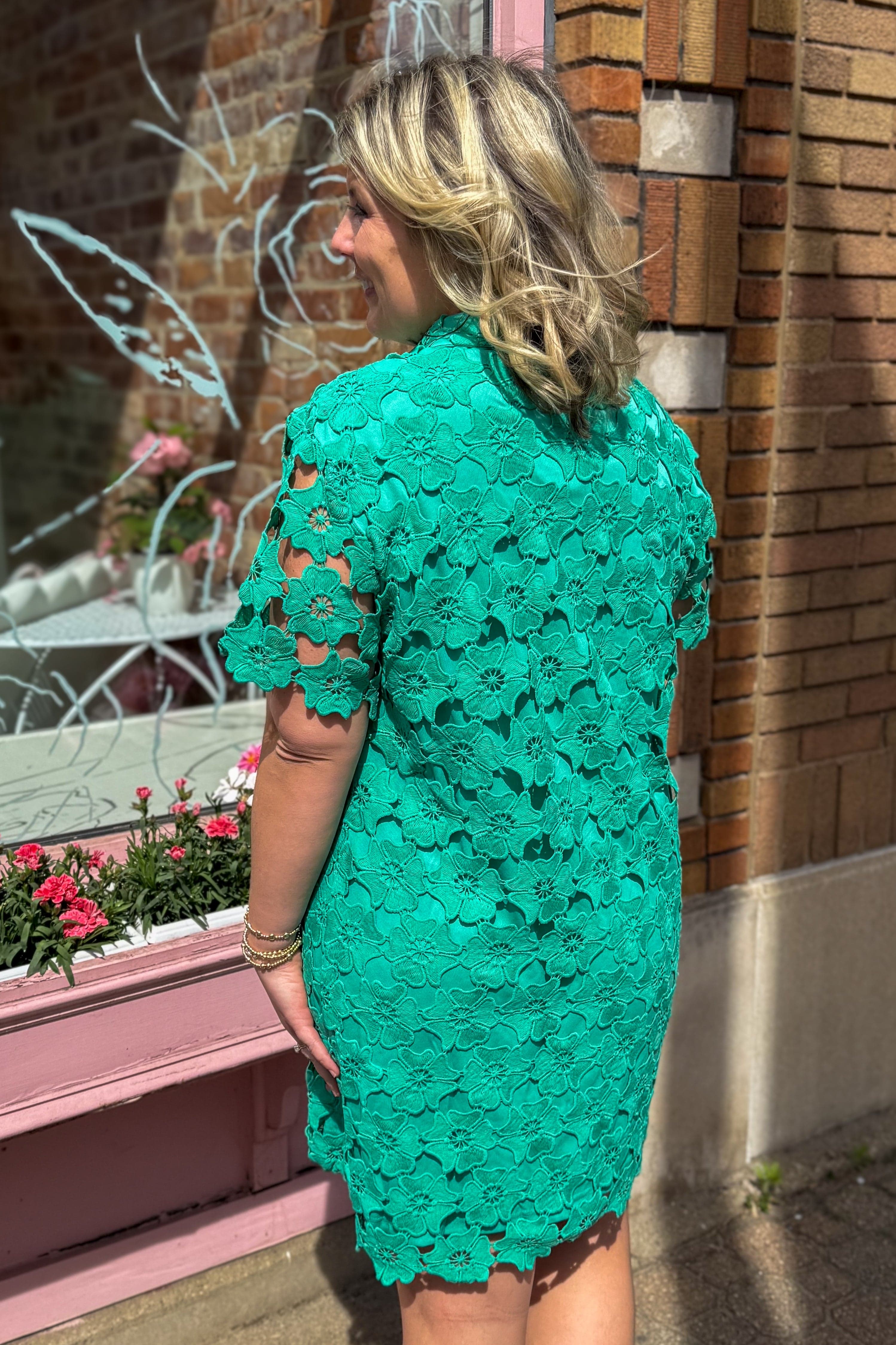 Emerald Green Floral Lace A-Line Dress back