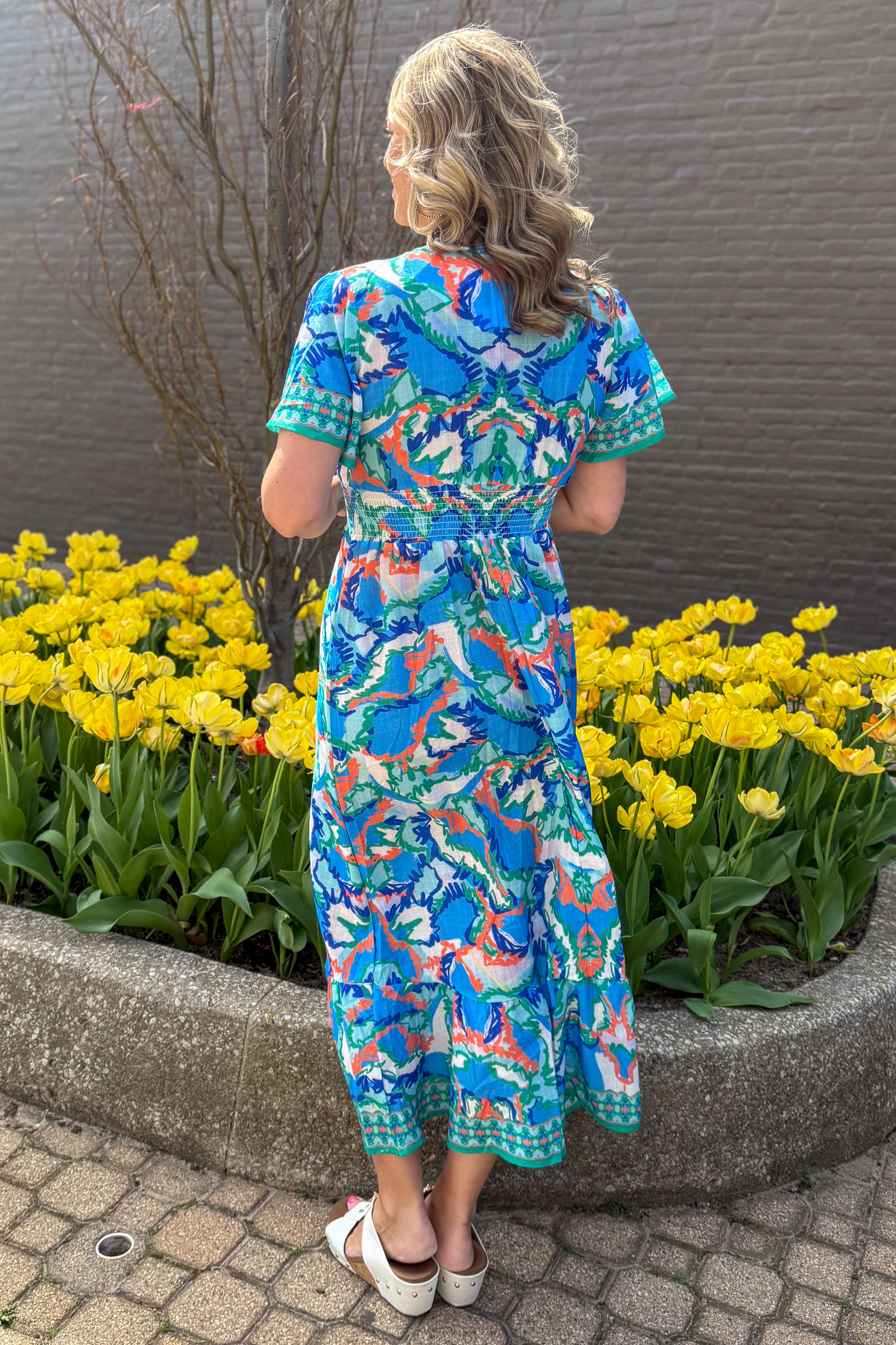 Blue Tropical Print Dress back