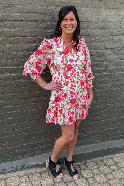 Ivory Floral Ruffle Mini Dress styled
