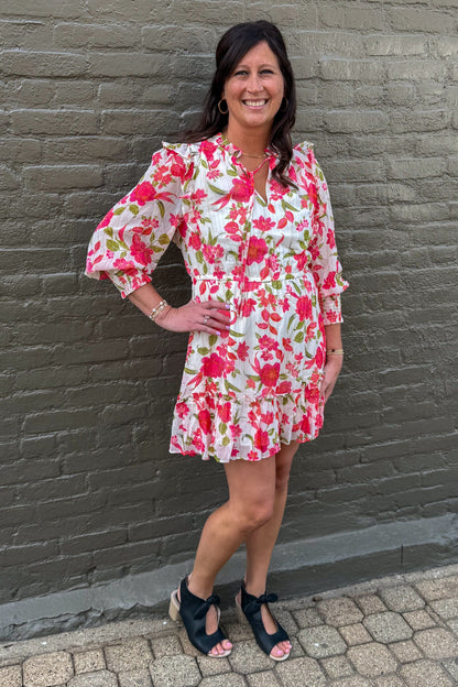 Ivory Floral Ruffle Mini Dress styled