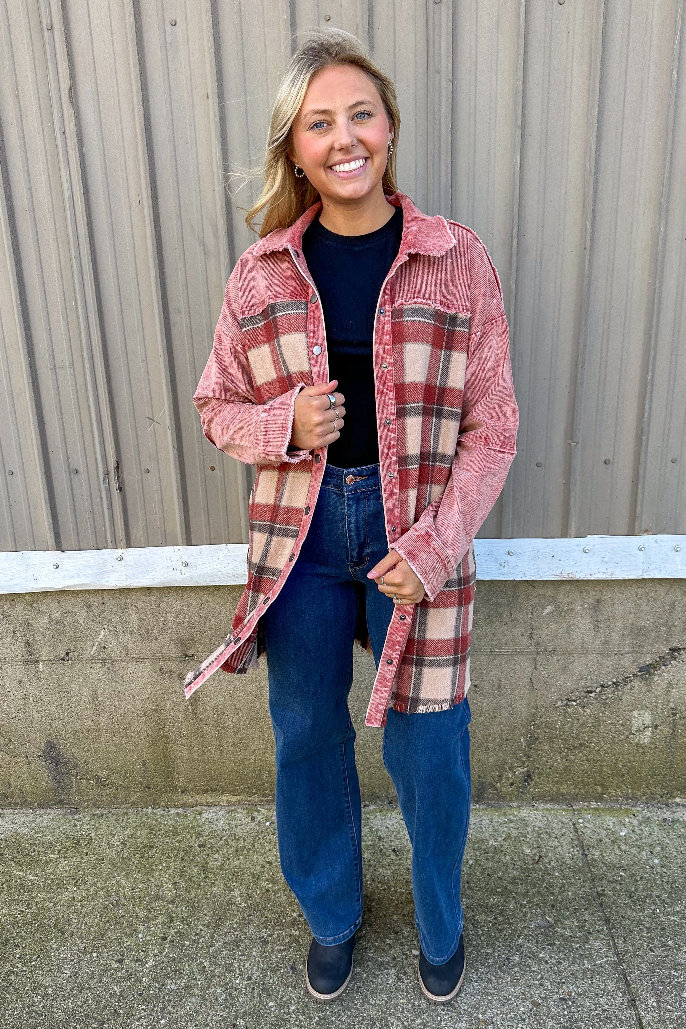 Red Mix Plaid Long Jacket