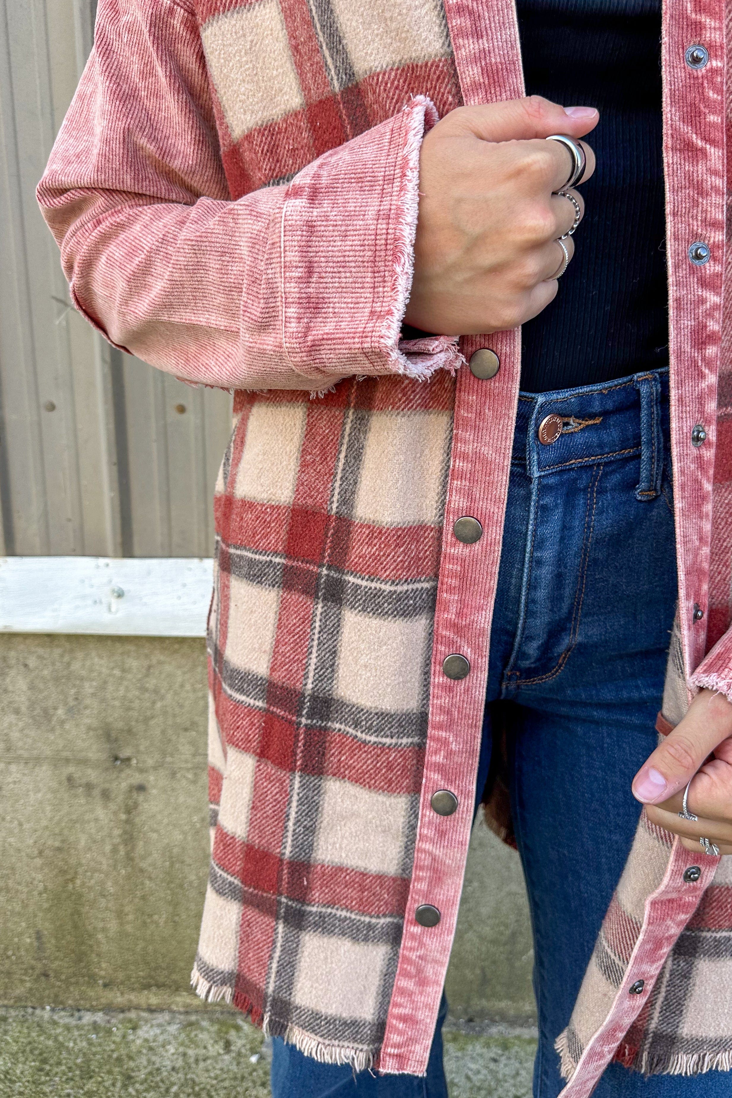 Red Mix Plaid Long Jacket detail