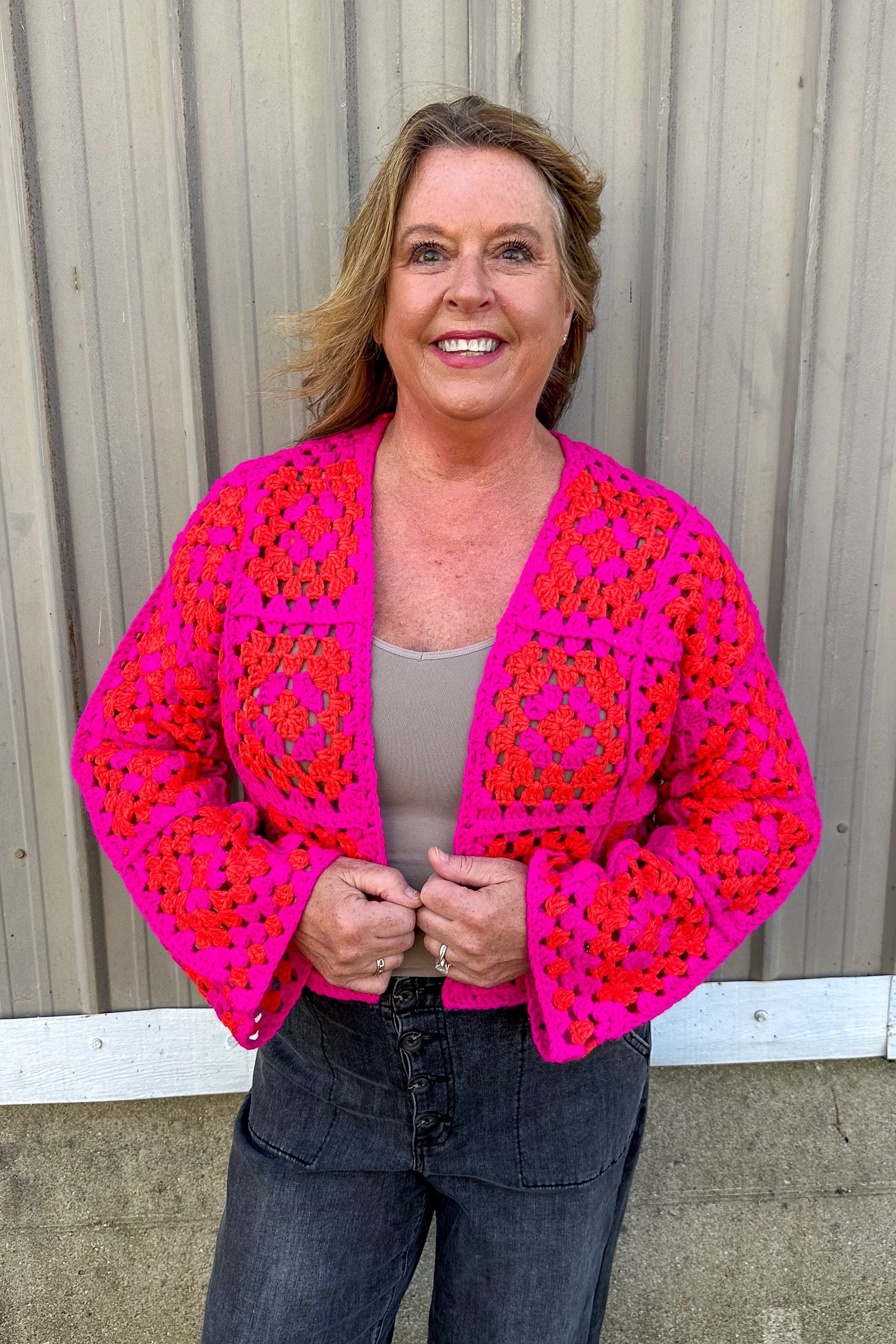 Magenta & Orange Crochet Square Cardigan