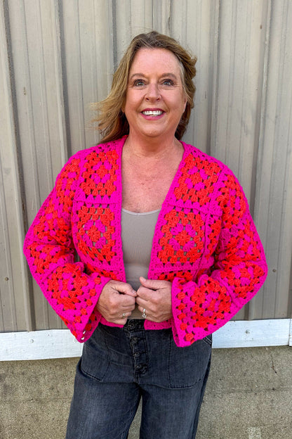 Magenta & Orange Crochet Square Cardigan