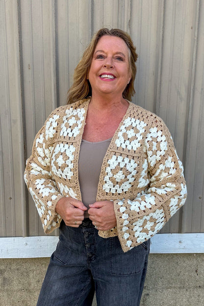 Taupe & Ivory Crochet Square Cardigan