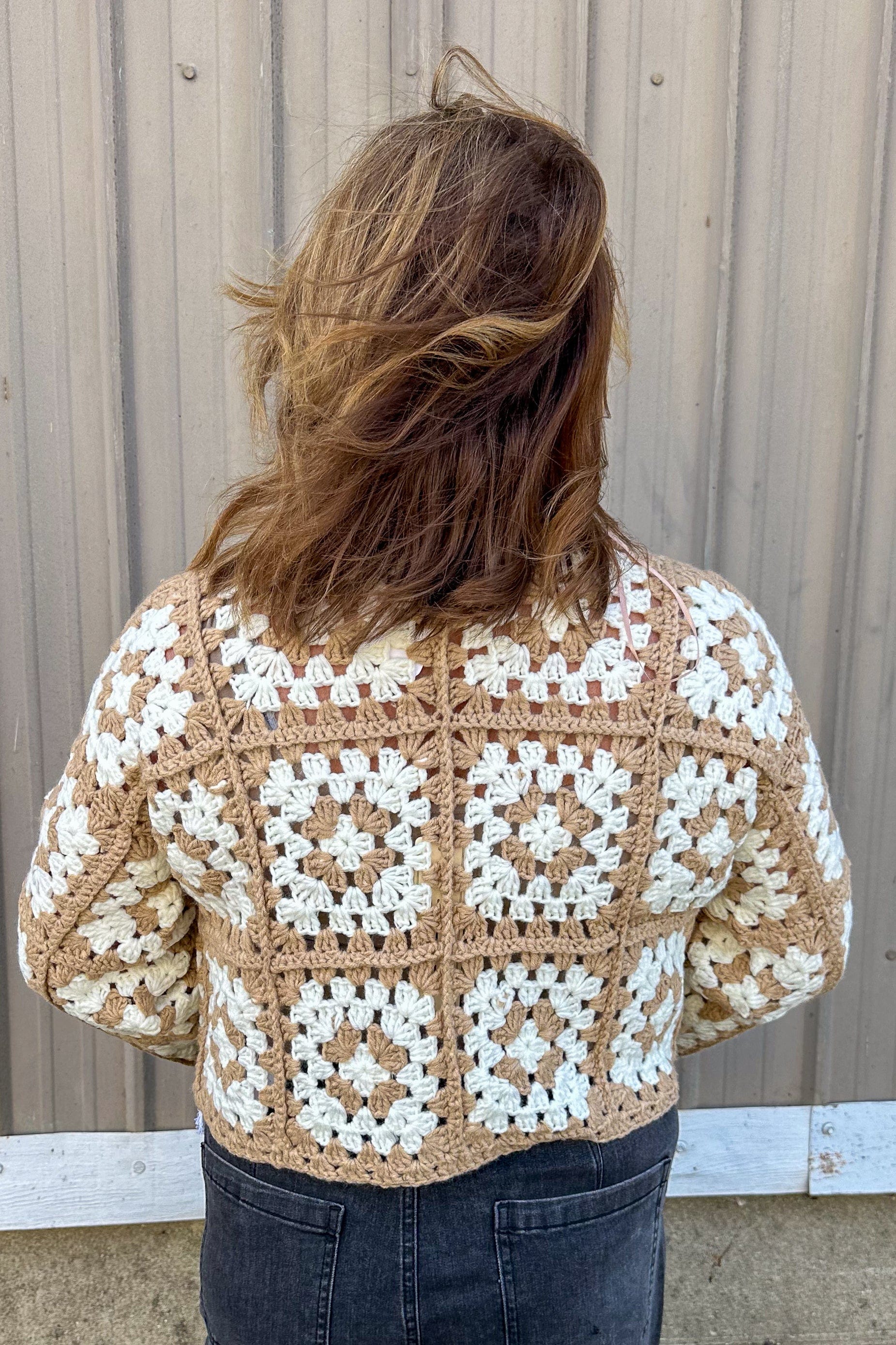 Taupe & Ivory Crochet Square Cardigan back