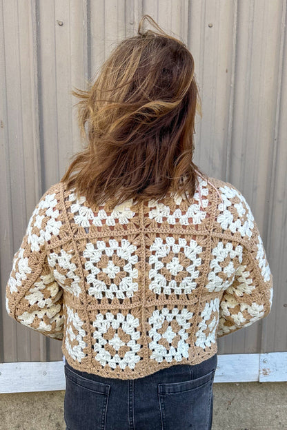 Taupe & Ivory Crochet Square Cardigan back