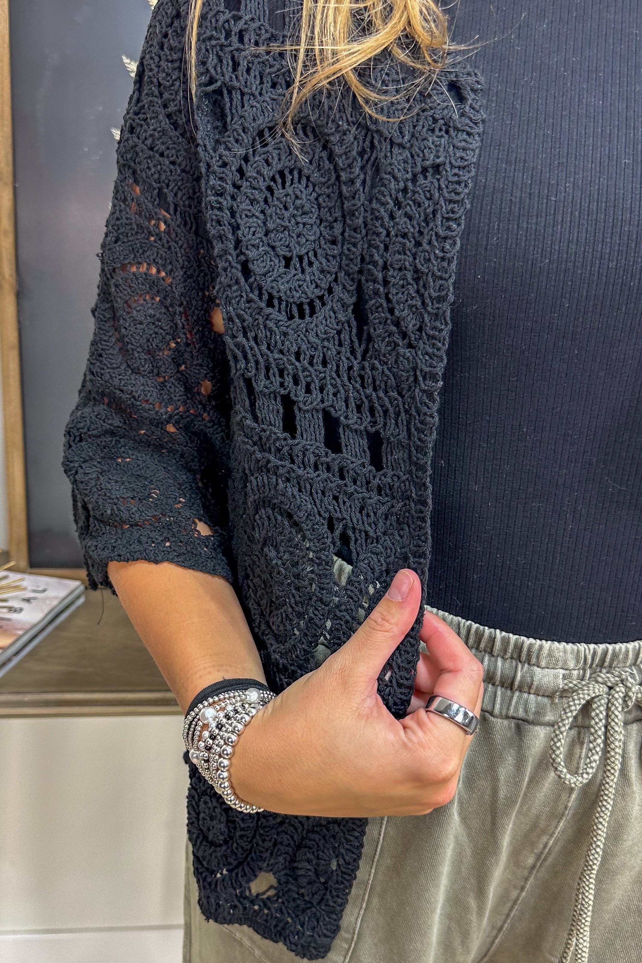 Black Crochet Button Short Cardigan detail