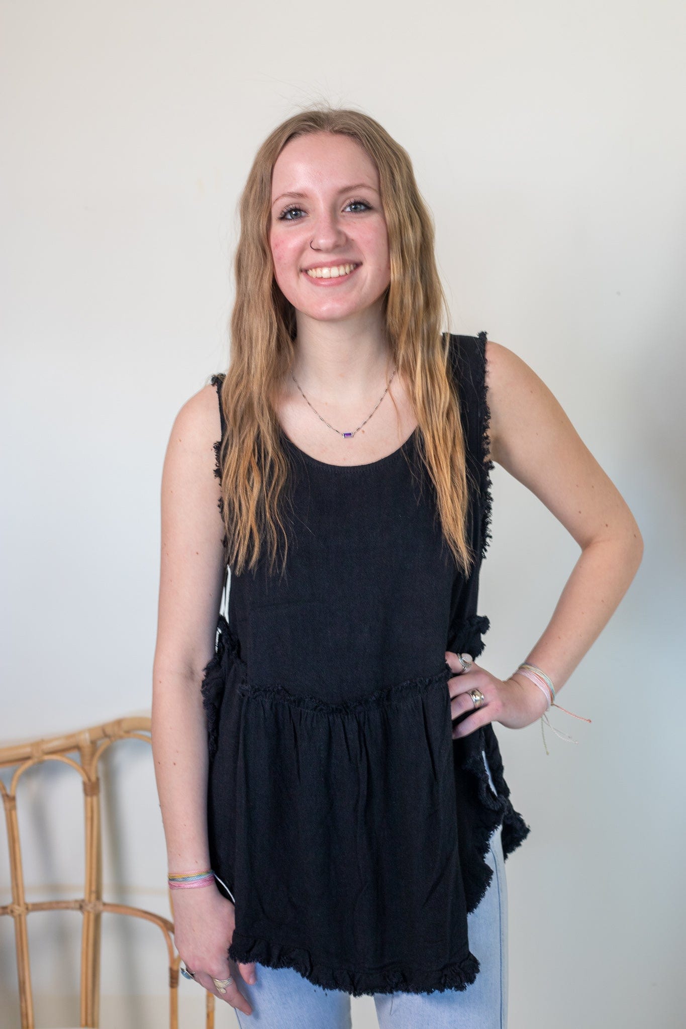 Black Frayed Hi-Low Tank