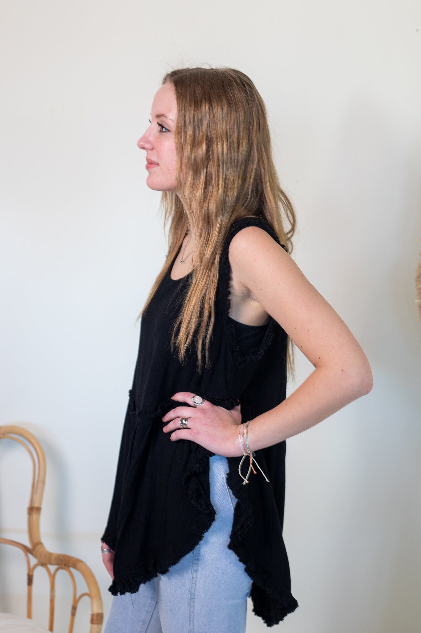 Black Frayed Hi-Low Tank
