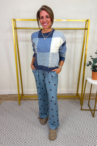 Slate Polka Dot Wide Leg Pants Styled