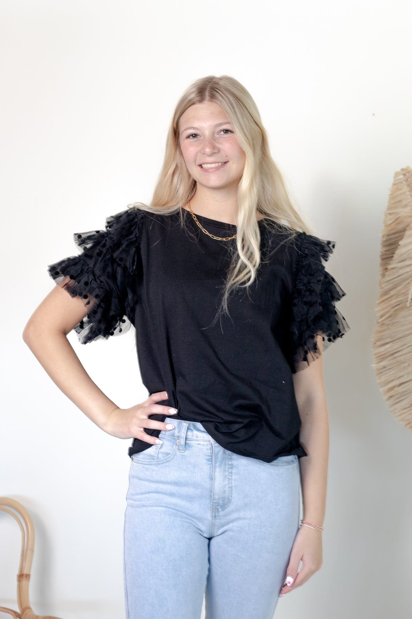 Black Top w/Sheer Polka Dot Sleeve