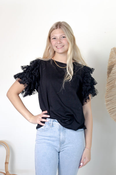 Black Top w/Sheer Polka Dot Sleeve