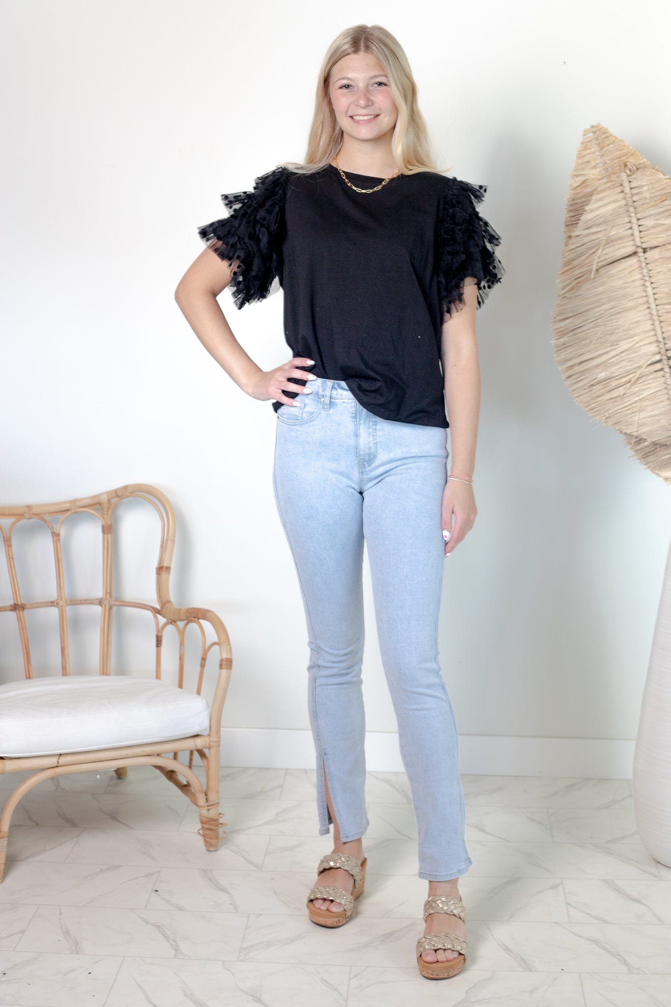 Black Top w/Sheer Polka Dot Sleeve