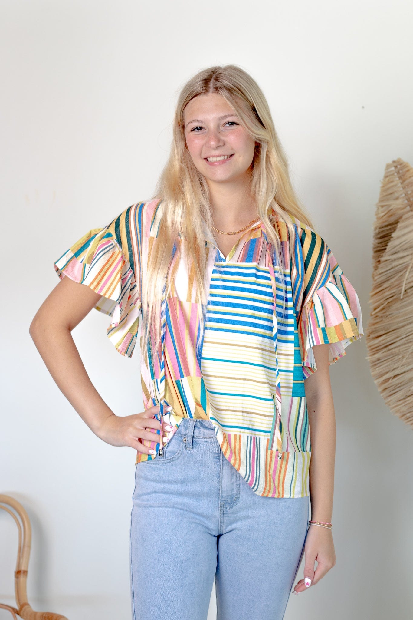 Multi Color Ruffle Sleeve Blouse