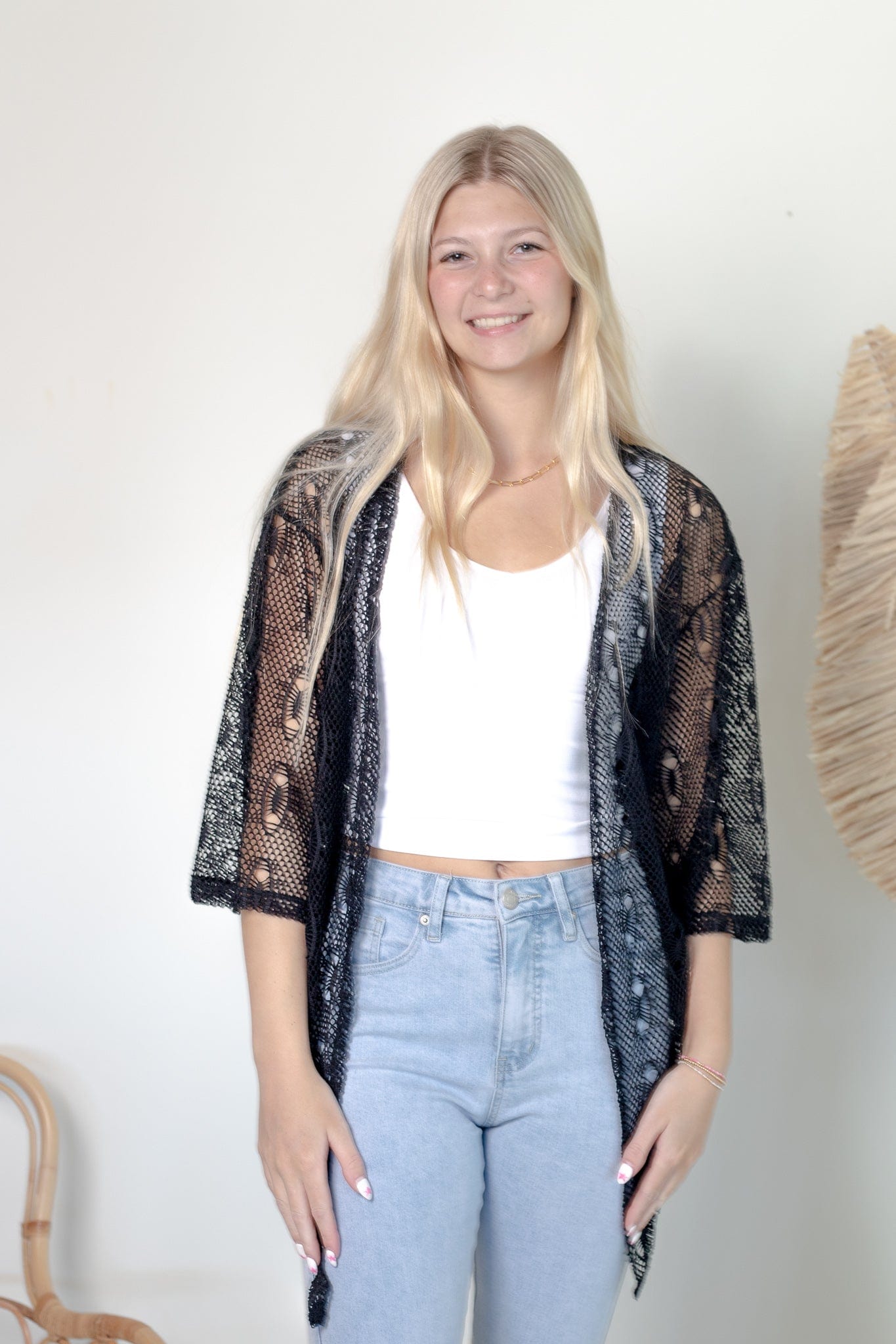 Black Tie Waist Mesh Cardigan