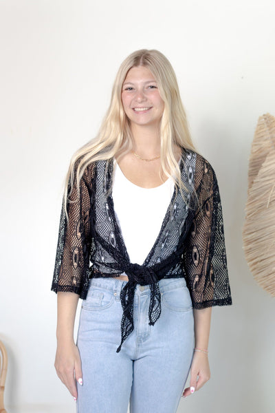 Black Tie Waist Mesh Cardigan