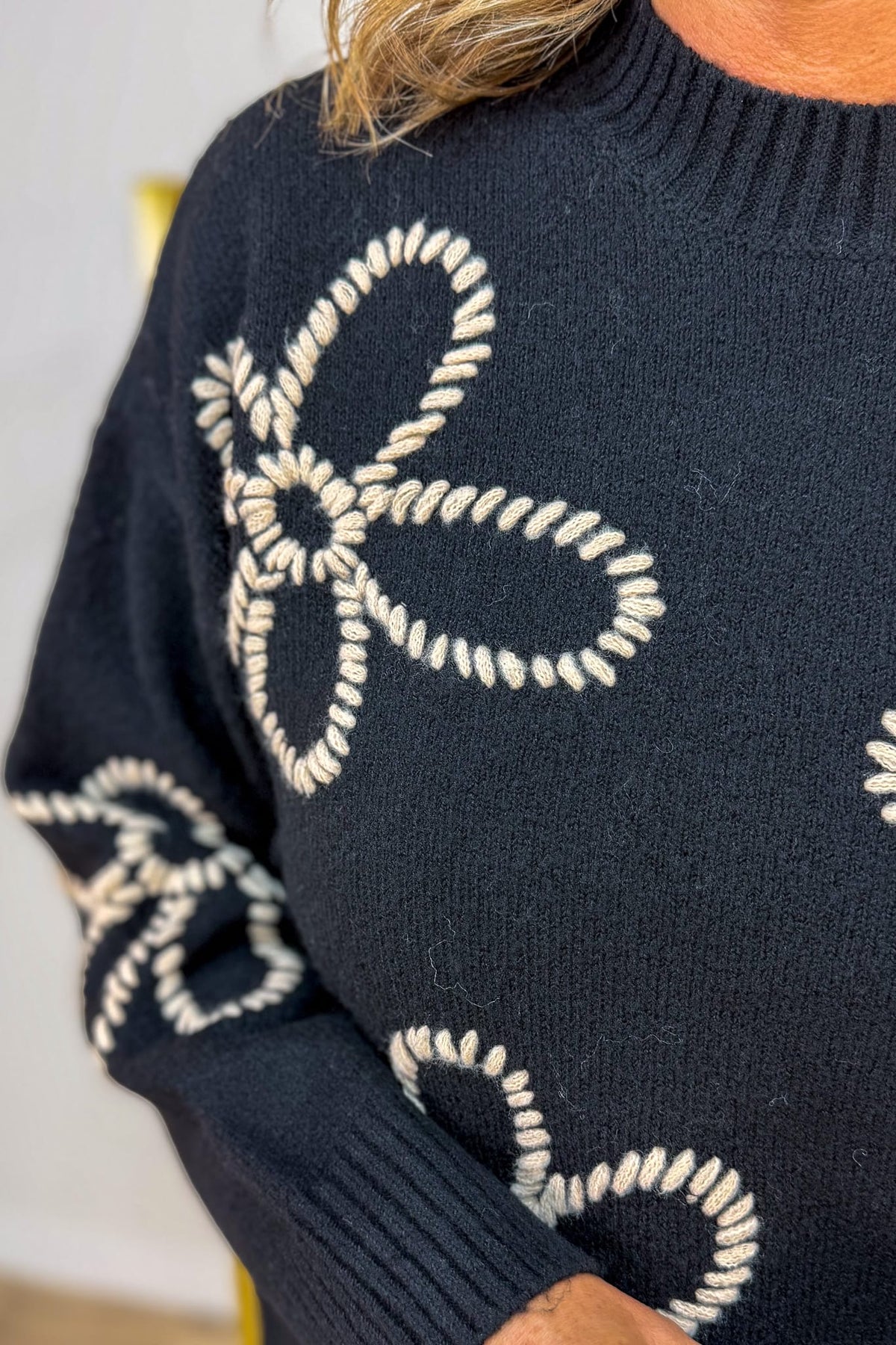 Black Embroidered Flower Sweater