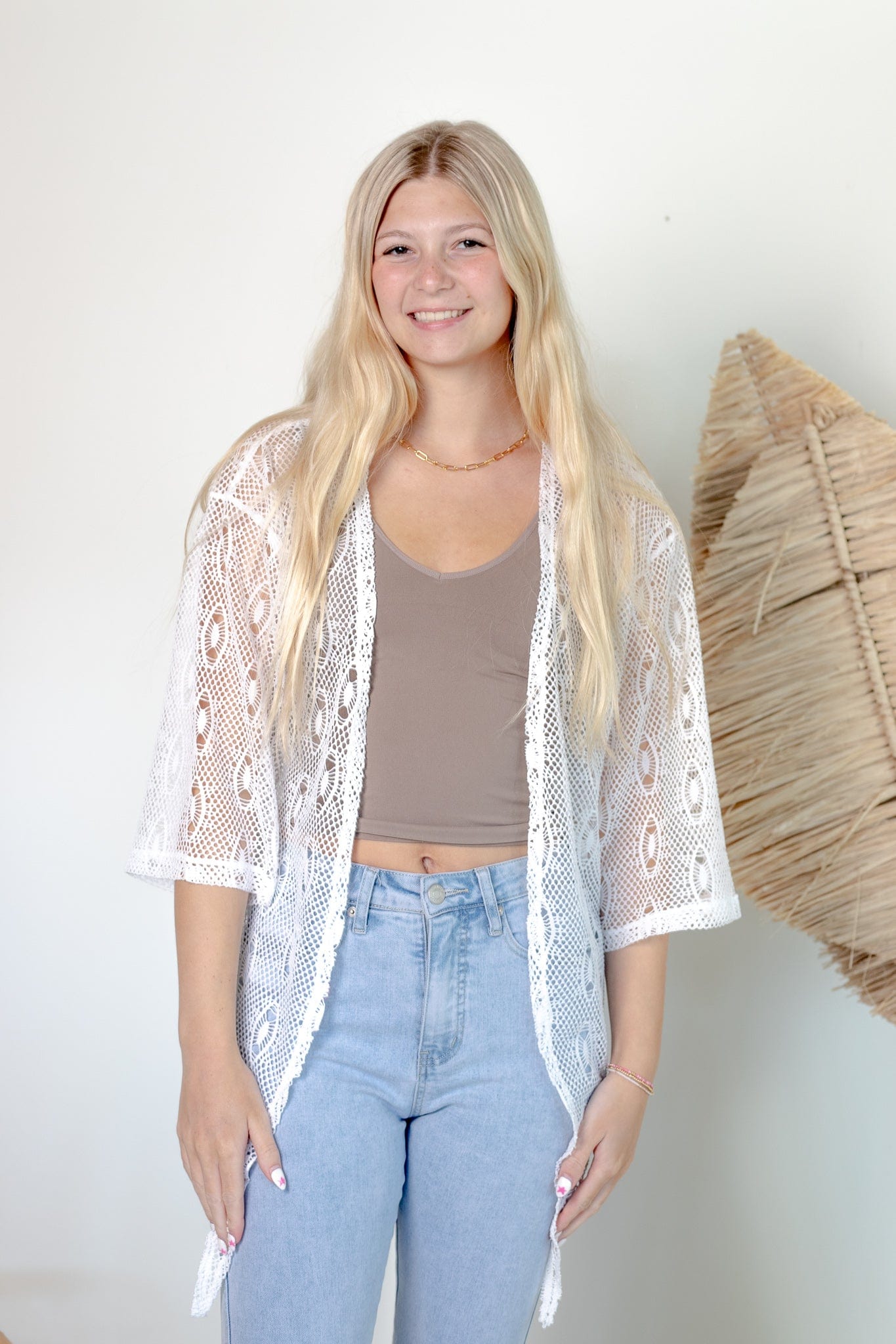 White Tie Waist Mesh Cardigan