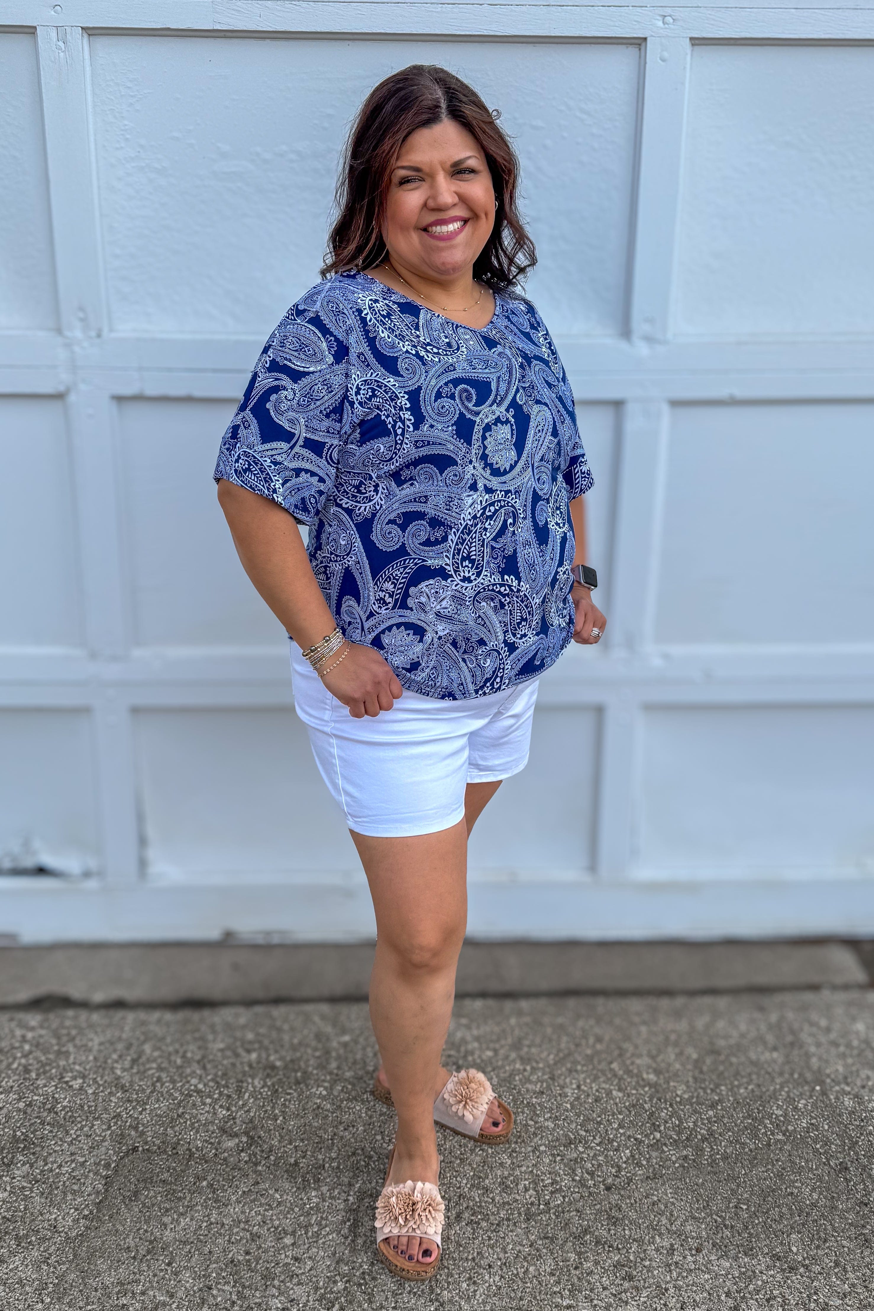 Navy Paisley Cabana Set with white shorts