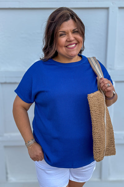 Royal Blue Palm Beach Ribbed Set paired with white shorts