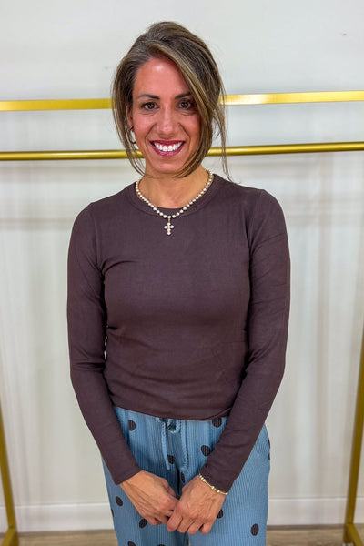 Brown Rib Crew Neck Long Sleeve