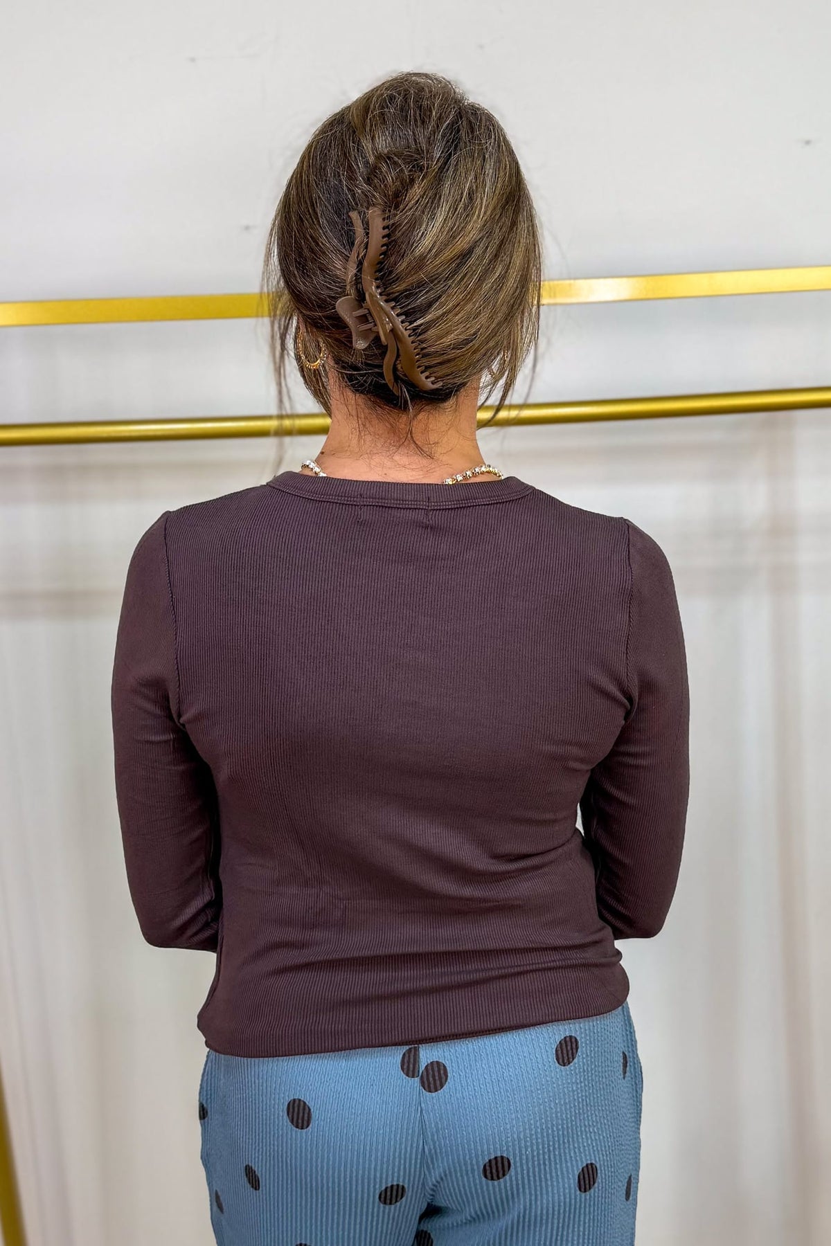 Brown Rib Crew Neck Long Sleeve Back