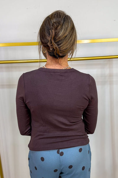 Brown Rib Crew Neck Long Sleeve Back