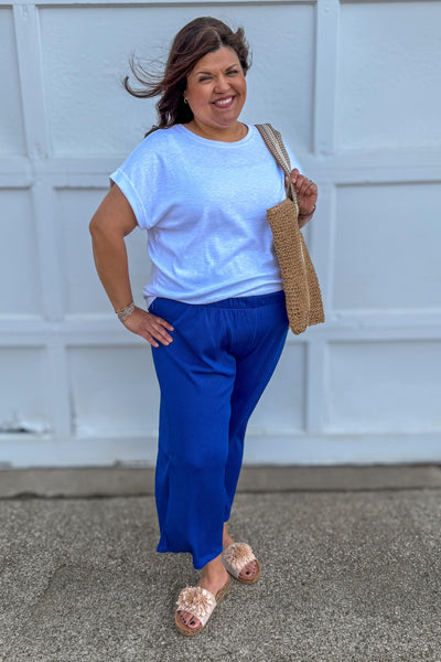 Royal Blue Palm Beach Ribbed Set paired with white tee