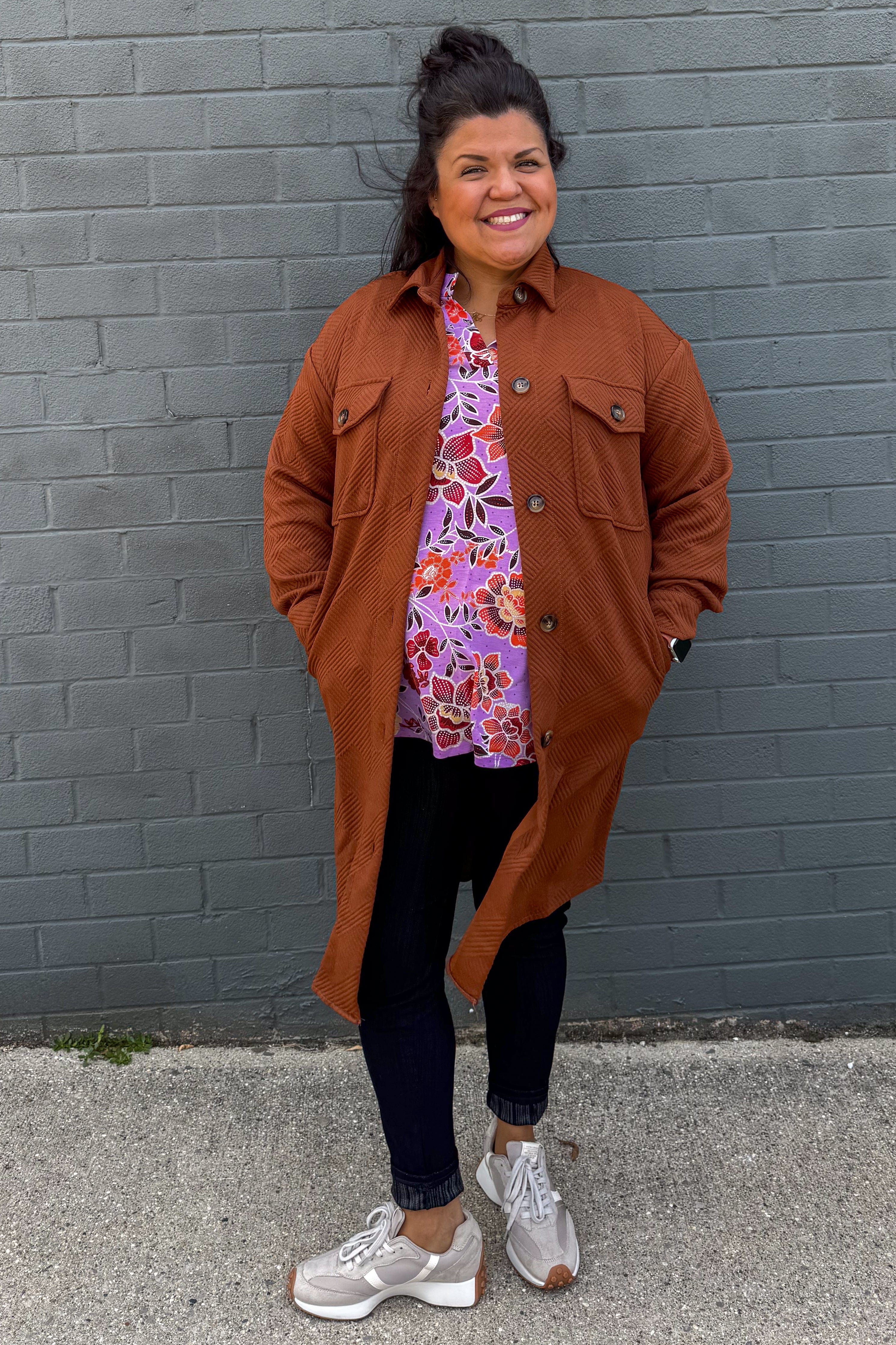 Copper Textured Overshirt Long Jacket styled