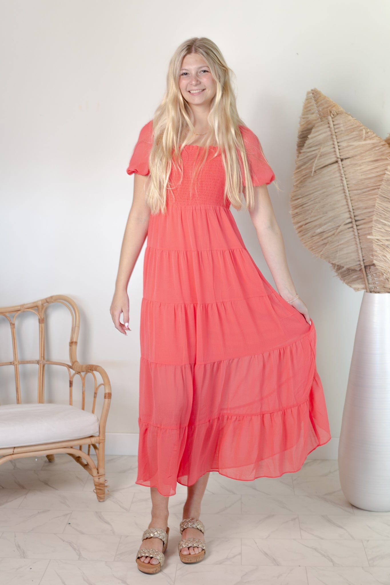 Coral Smock Tiered Dress