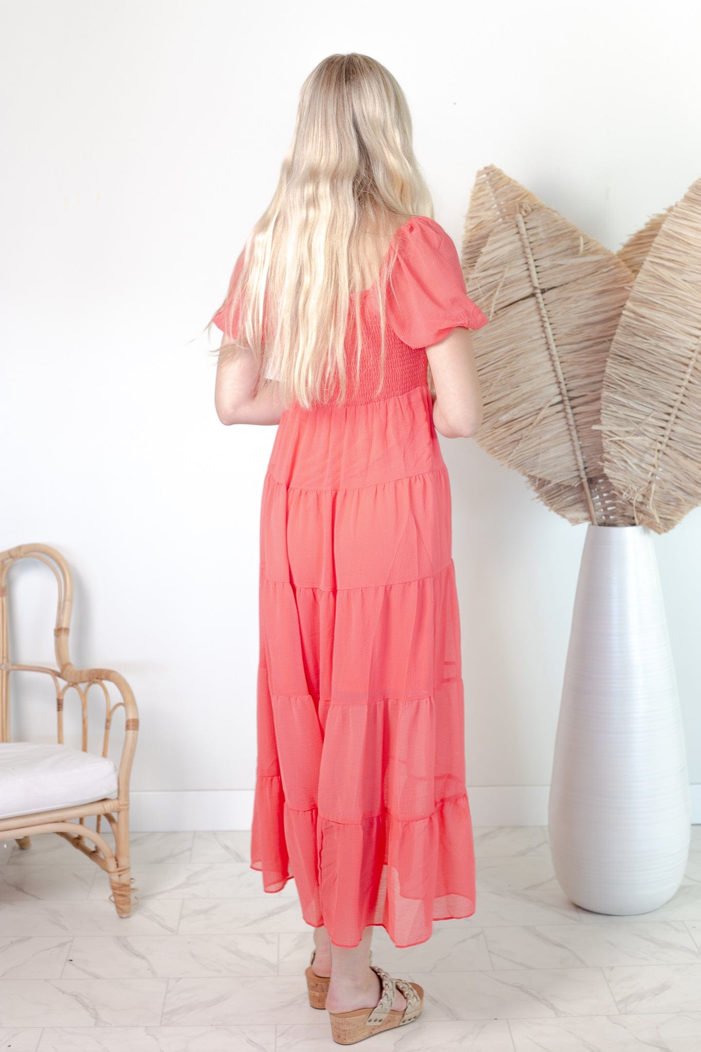 Coral Smock Tiered Dress