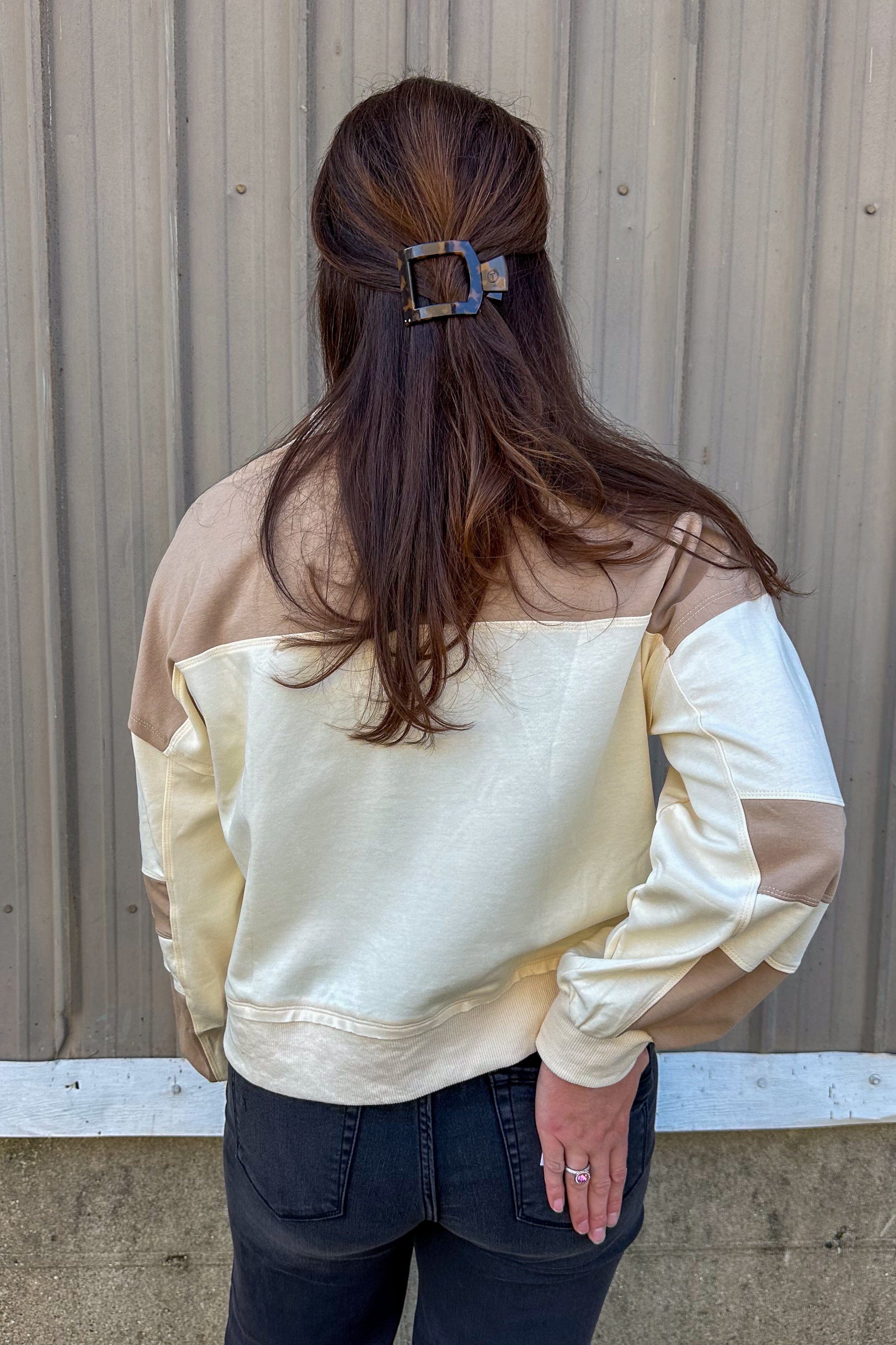 Cream & Tan Zipper Pullover back